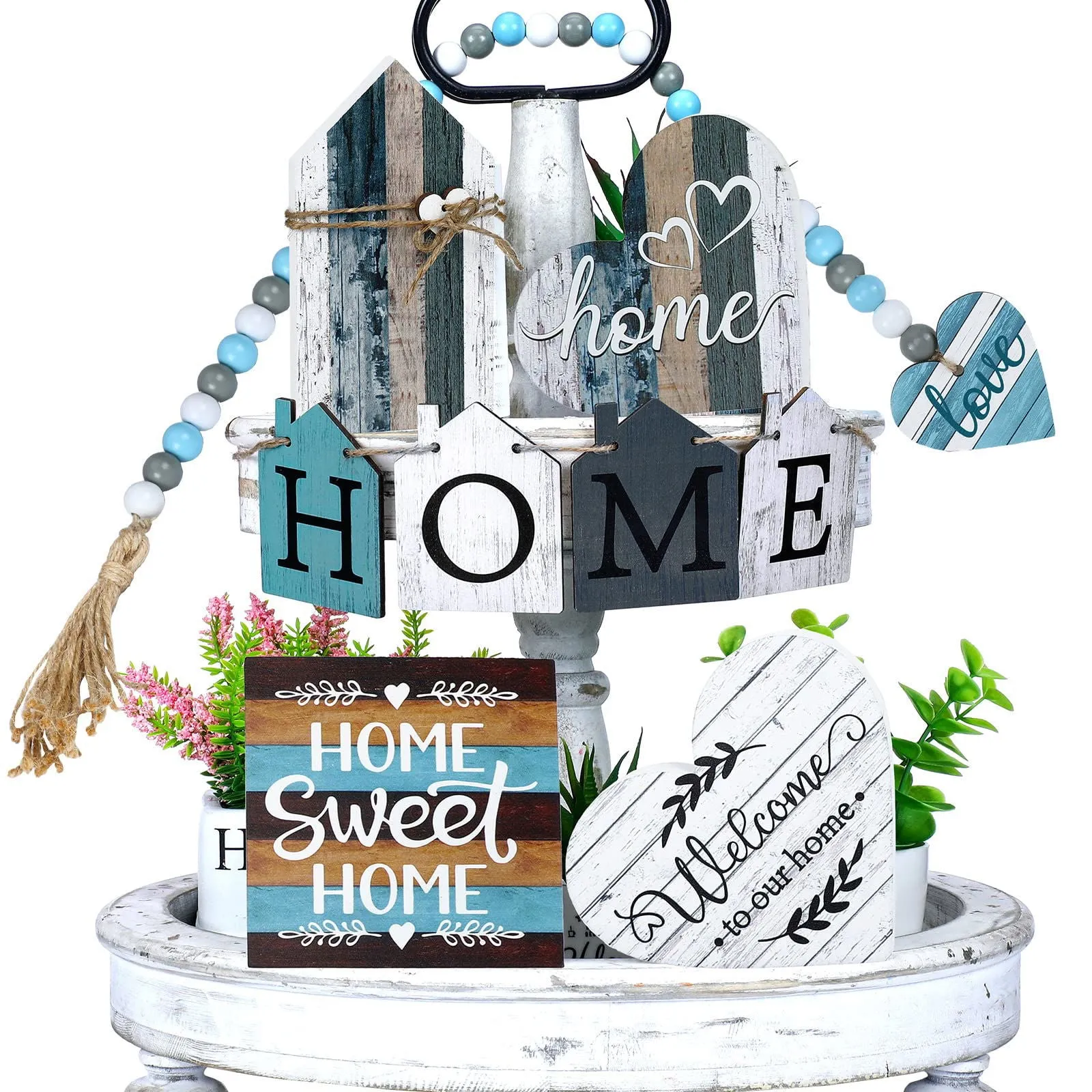 10 Pcs Farmhouse Tiered Tray Decor Farmhouse Home Decor Mini Signs Rustic Tiered Tray Signs Home Wood Sign Cutting Broad House Shaped Table Decor Buffalo Plaid Wooden Farm Sign (Retro Home Style)