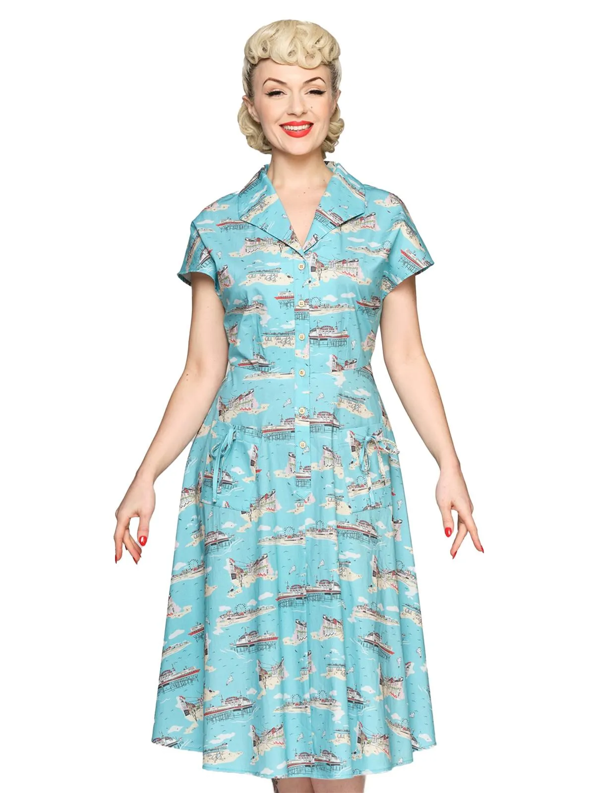 1950s Style Brighton Postcard Shirtwaist Swing Dress