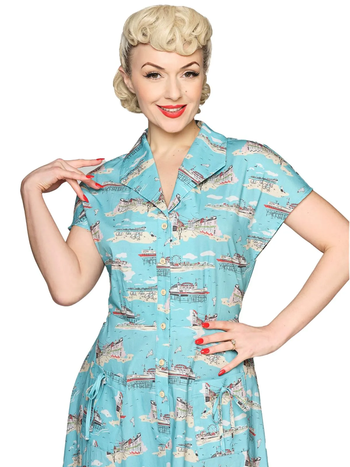 1950s Style Brighton Postcard Shirtwaist Swing Dress