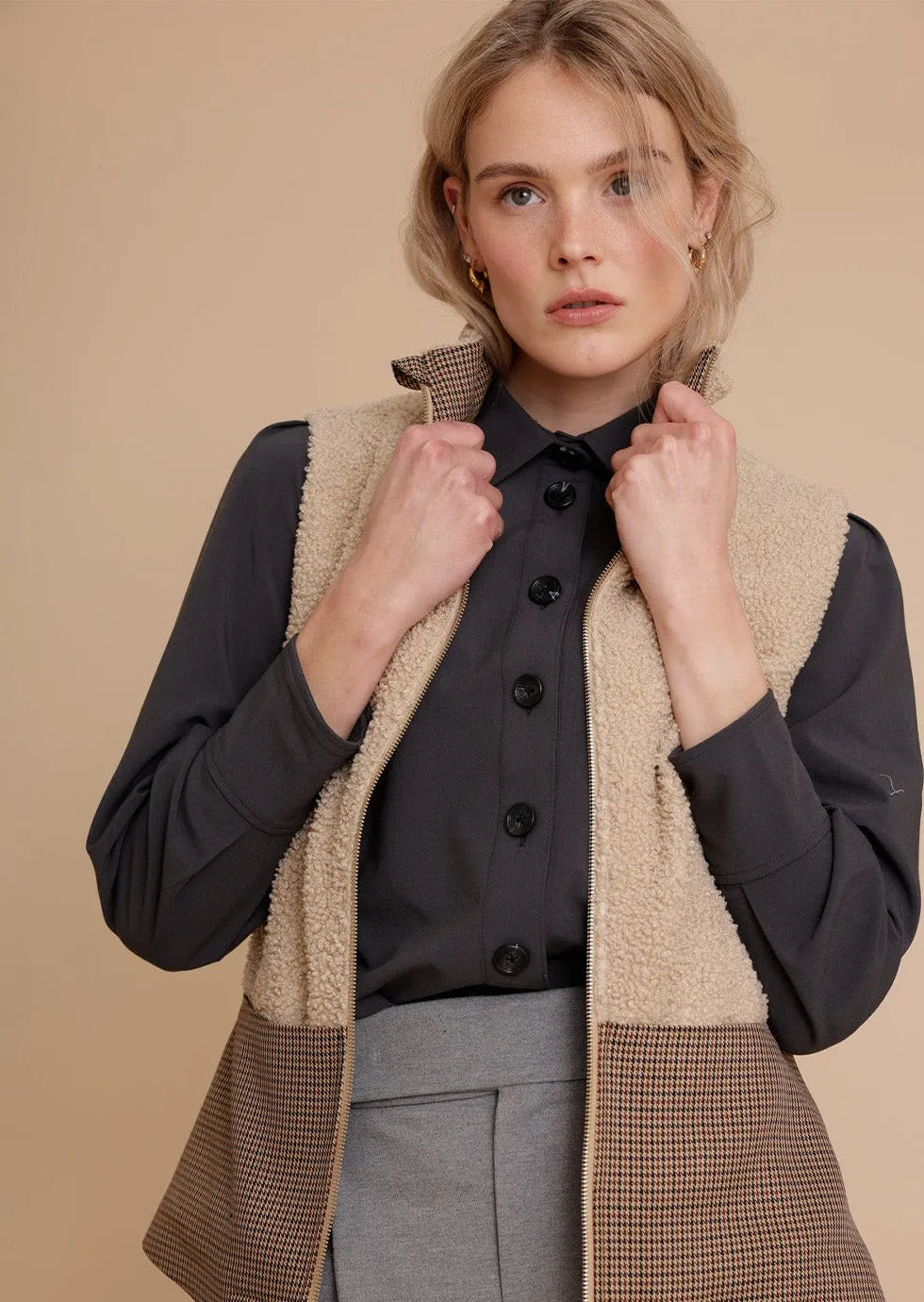 2-in-1 Teddy Jacket & Bodywarmer - Beige Check