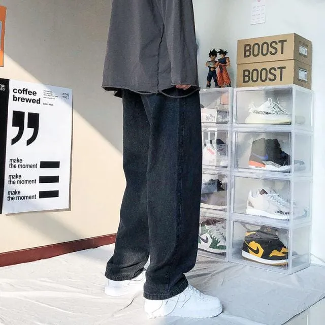 2021 Men's New Loose Black/blue Straight Pants Solid Color Casual Pants Baggy Homme Cargo Pocket Jeans Biker Denim Trousers