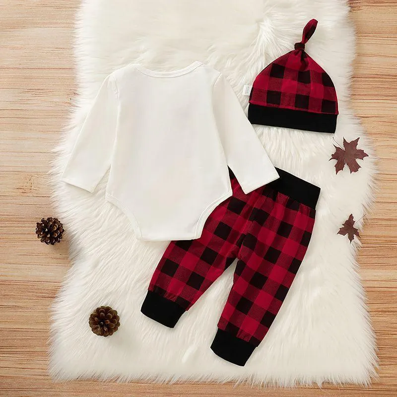 3-piece Cute Letter Bowknot Bodysuit and Plaid Pants Set Wholesale children's clothing