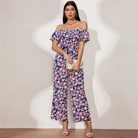 A-Z Women's New Ruffle Edge Off Shoulder Waist Jumpsuit