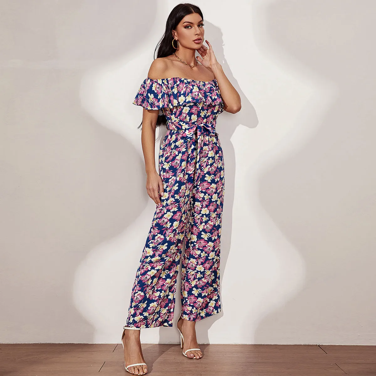 A-Z Women's New Ruffle Edge Off Shoulder Waist Jumpsuit