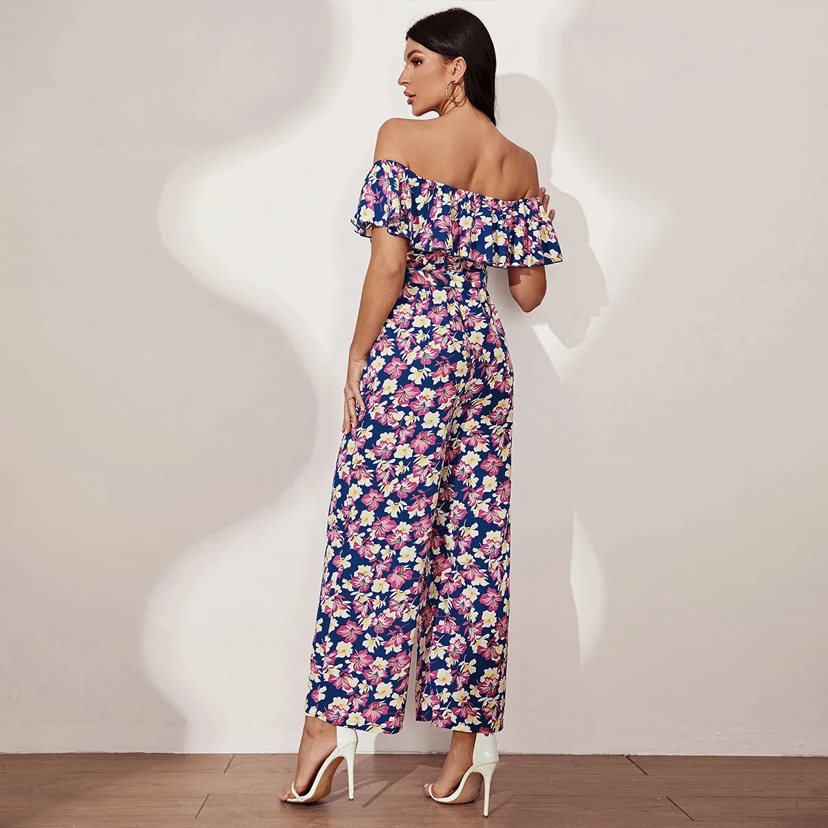 A-Z Women's New Ruffle Edge Off Shoulder Waist Jumpsuit