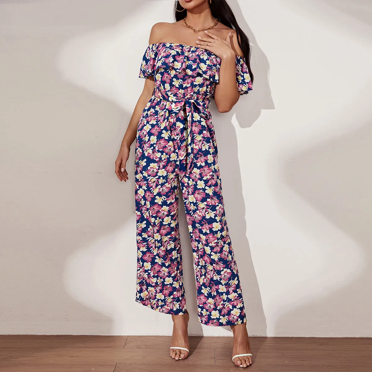 A-Z Women's New Ruffle Edge Off Shoulder Waist Jumpsuit