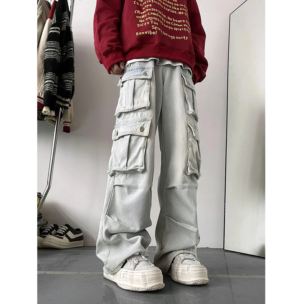 Aidase Light Blue Cargo Jeans Men's Patchwork Straight Casual Trousers Men Muti-pockets Hip Hop Streetwear Loose Fashion Pants
