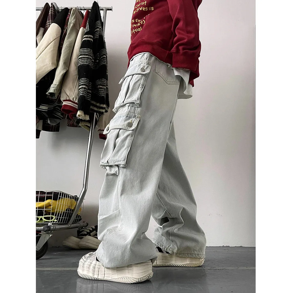 Aidase Light Blue Cargo Jeans Men's Patchwork Straight Casual Trousers Men Muti-pockets Hip Hop Streetwear Loose Fashion Pants