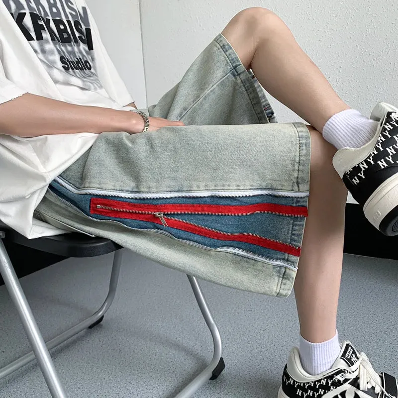 Aidase Men's Denim Casual Shorts Zippers Style All-match Trend Jeans Summer Unisex Cargo Streetwear