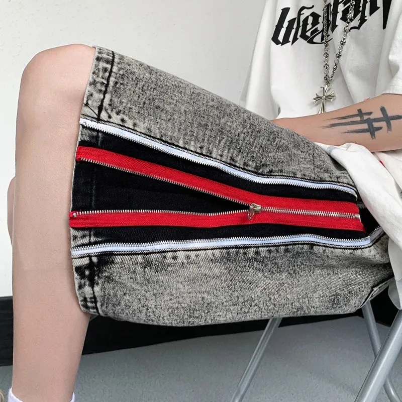 Aidase Men's Denim Casual Shorts Zippers Style All-match Trend Jeans Summer Unisex Cargo Streetwear