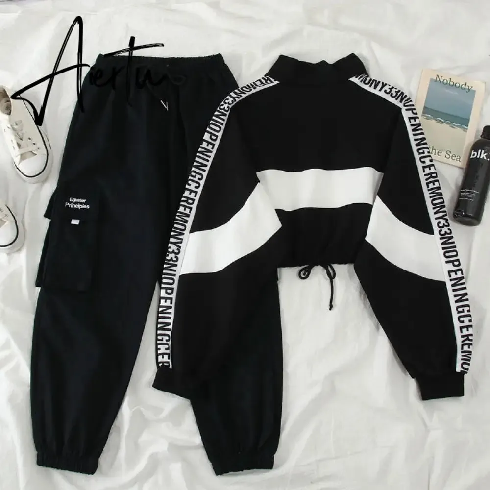 Aiertu  Autumn High Waist Streetwear Cargo Pants Female Harajuku Loose Joggers Women 2 Piece Suit harem camo pants
