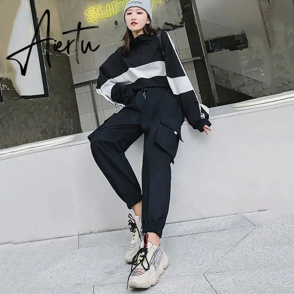 Aiertu  Autumn High Waist Streetwear Cargo Pants Female Harajuku Loose Joggers Women 2 Piece Suit harem camo pants
