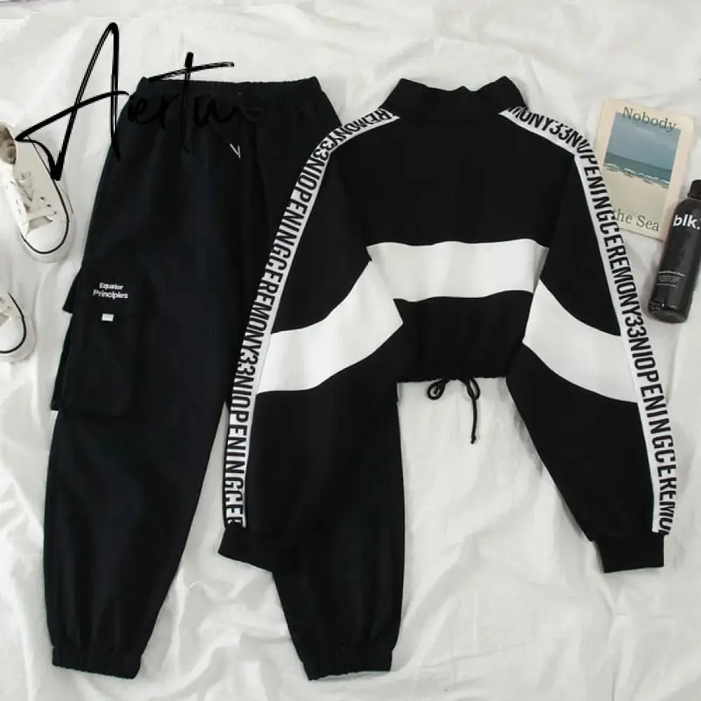 Aiertu  Autumn High Waist Streetwear Cargo Pants Female Harajuku Loose Joggers Women 2 Piece Suit harem camo pants