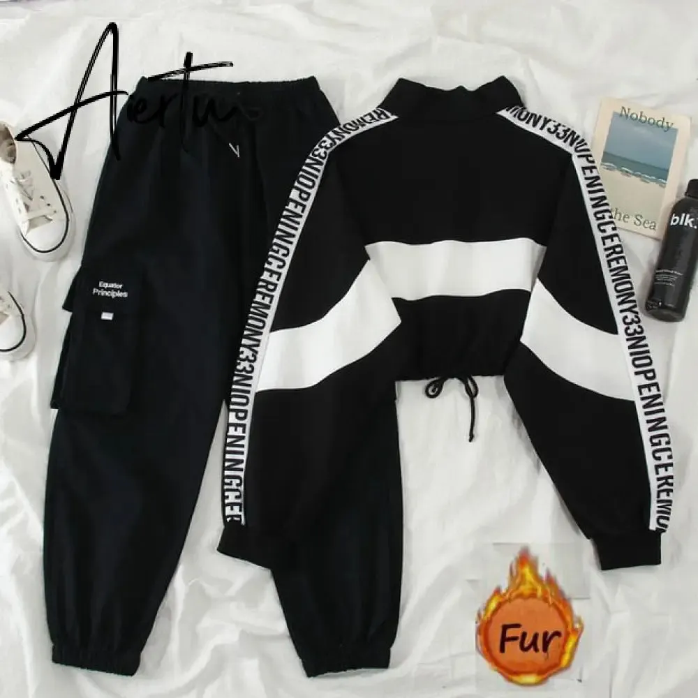 Aiertu  Autumn High Waist Streetwear Cargo Pants Female Harajuku Loose Joggers Women 2 Piece Suit harem camo pants