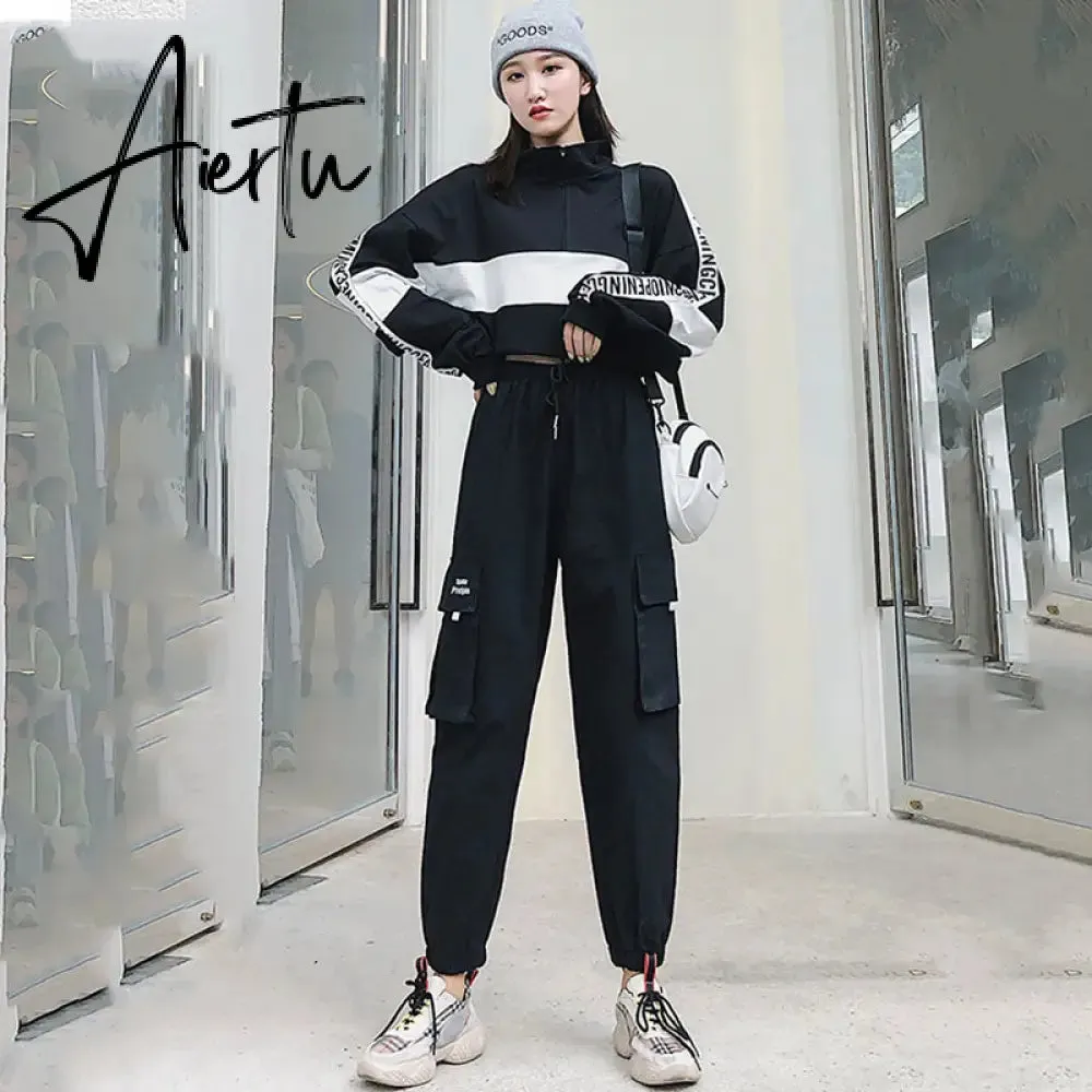 Aiertu  Autumn High Waist Streetwear Cargo Pants Female Harajuku Loose Joggers Women 2 Piece Suit harem camo pants