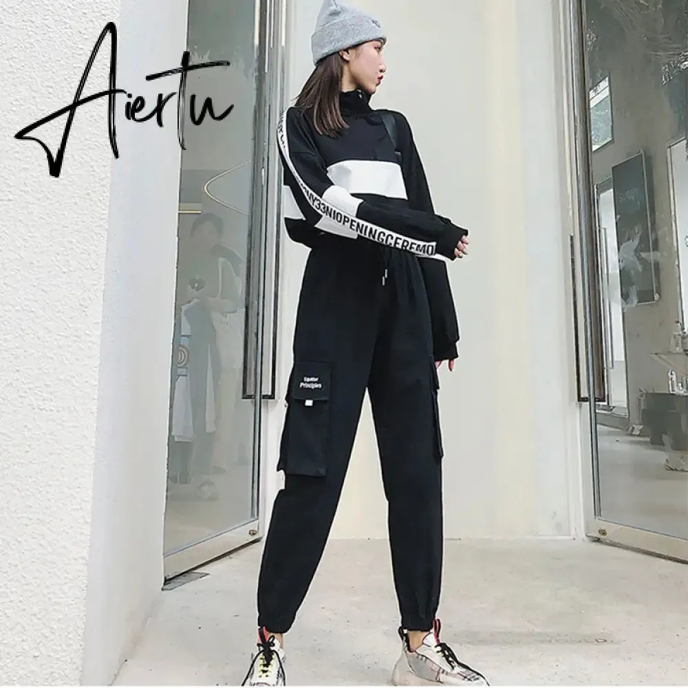 Aiertu  Autumn High Waist Streetwear Cargo Pants Female Harajuku Loose Joggers Women 2 Piece Suit harem camo pants