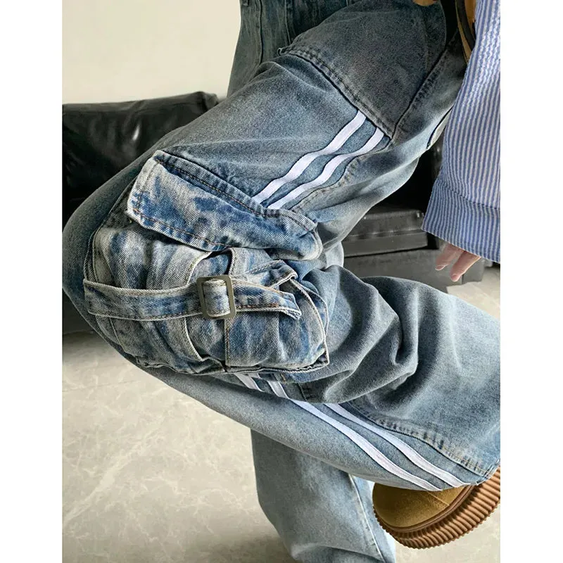 Aiertu Women's Blue Cargo Jeans Baggy Vintage High Waist Cowboy Pants Harajuku Denim Trousers 90s Y2k Japanese 2000s Style Clothes 2024