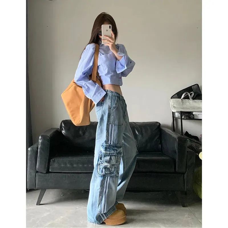 Aiertu Women's Blue Cargo Jeans Baggy Vintage High Waist Cowboy Pants Harajuku Denim Trousers 90s Y2k Japanese 2000s Style Clothes 2024