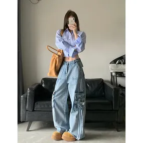 Aiertu Women's Blue Cargo Jeans Baggy Vintage High Waist Cowboy Pants Harajuku Denim Trousers 90s Y2k Japanese 2000s Style Clothes 2024