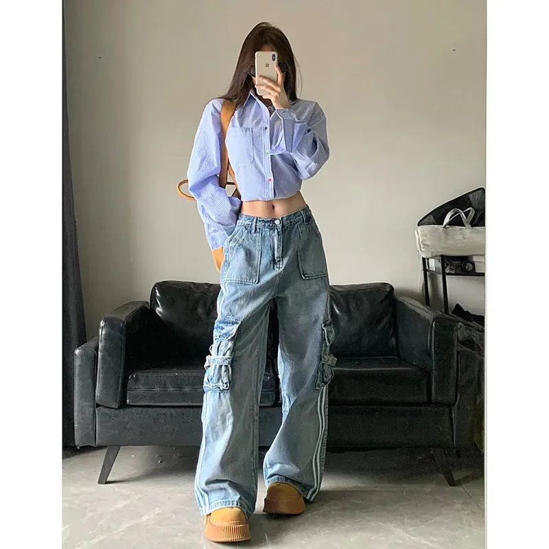 Aiertu Women's Blue Cargo Jeans Baggy Vintage High Waist Cowboy Pants Harajuku Denim Trousers 90s Y2k Japanese 2000s Style Clothes 2024