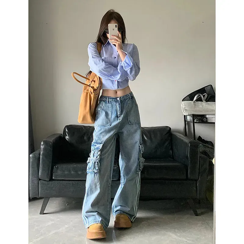 Aiertu Women's Blue Cargo Jeans Baggy Vintage High Waist Cowboy Pants Harajuku Denim Trousers 90s Y2k Japanese 2000s Style Clothes 2024