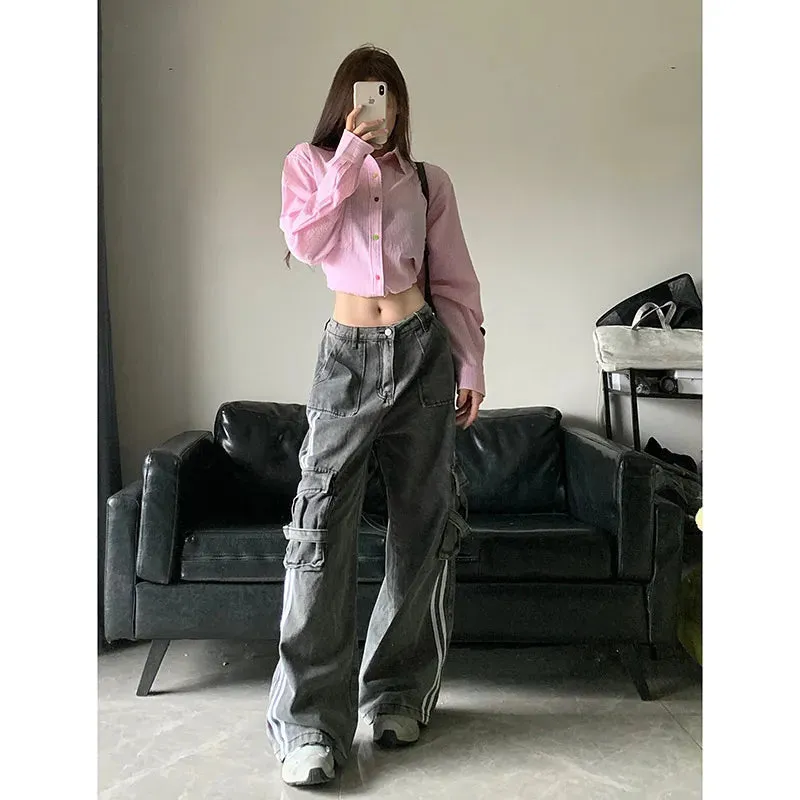 Aiertu Women's Blue Cargo Jeans Baggy Vintage High Waist Cowboy Pants Harajuku Denim Trousers 90s Y2k Japanese 2000s Style Clothes 2024