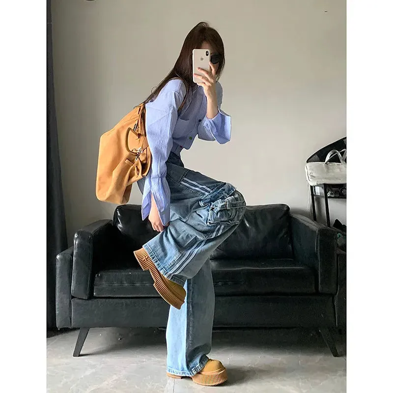 Aiertu Women's Blue Cargo Jeans Baggy Vintage High Waist Cowboy Pants Harajuku Denim Trousers 90s Y2k Japanese 2000s Style Clothes 2024