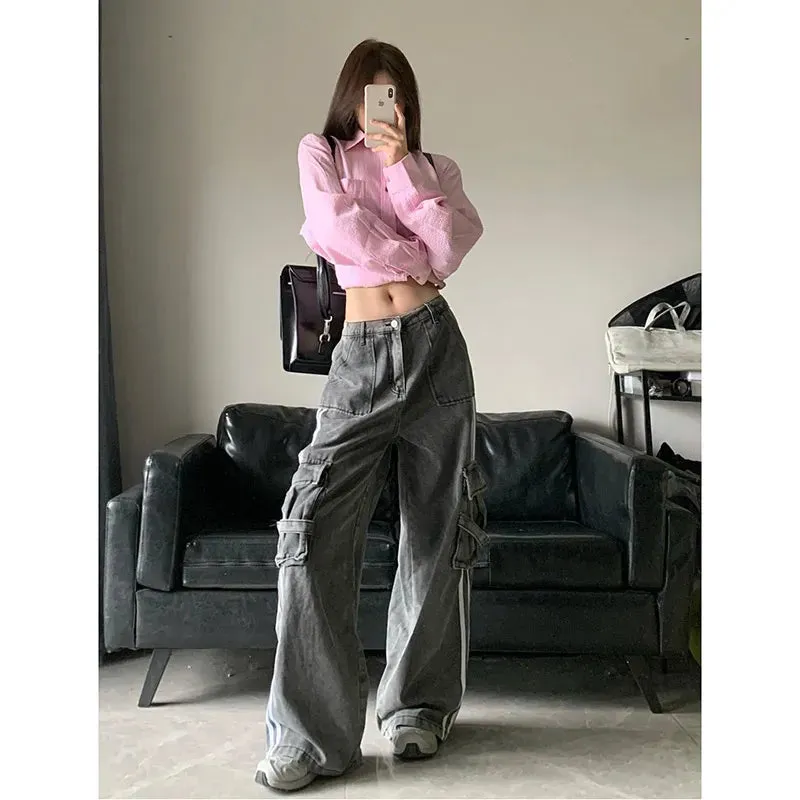 Aiertu Women's Blue Cargo Jeans Baggy Vintage High Waist Cowboy Pants Harajuku Denim Trousers 90s Y2k Japanese 2000s Style Clothes 2024