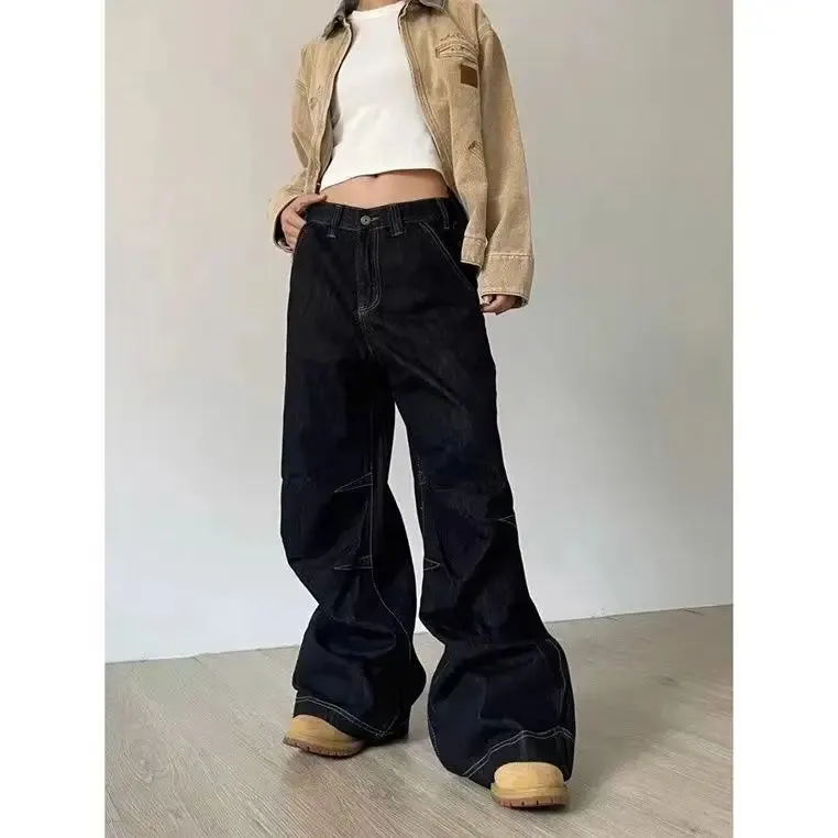 Amozae-American retro solid color women jeans Y2K high street fashion brand loose casual wide leg pants cargo pants women
