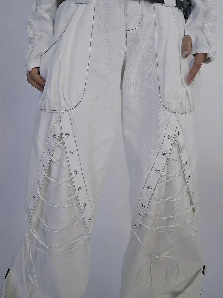 Amozae-New Spring Autumn Streetwear Harajuku Punk Gothic Hot Girl White Stitching Bandage Pants Fashion High Waist Loose Pants