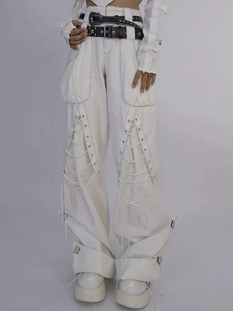 Amozae-New Spring Autumn Streetwear Harajuku Punk Gothic Hot Girl White Stitching Bandage Pants Fashion High Waist Loose Pants