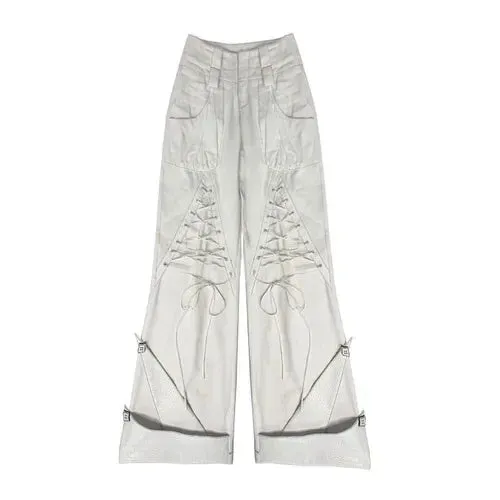 Amozae-New Spring Autumn Streetwear Harajuku Punk Gothic Hot Girl White Stitching Bandage Pants Fashion High Waist Loose Pants