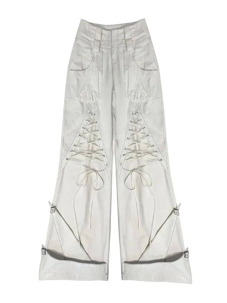 Amozae-New Spring Autumn Streetwear Harajuku Punk Gothic Hot Girl White Stitching Bandage Pants Fashion High Waist Loose Pants