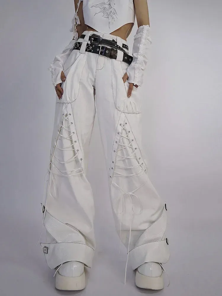 Amozae-New Spring Autumn Streetwear Harajuku Punk Gothic Hot Girl White Stitching Bandage Pants Fashion High Waist Loose Pants