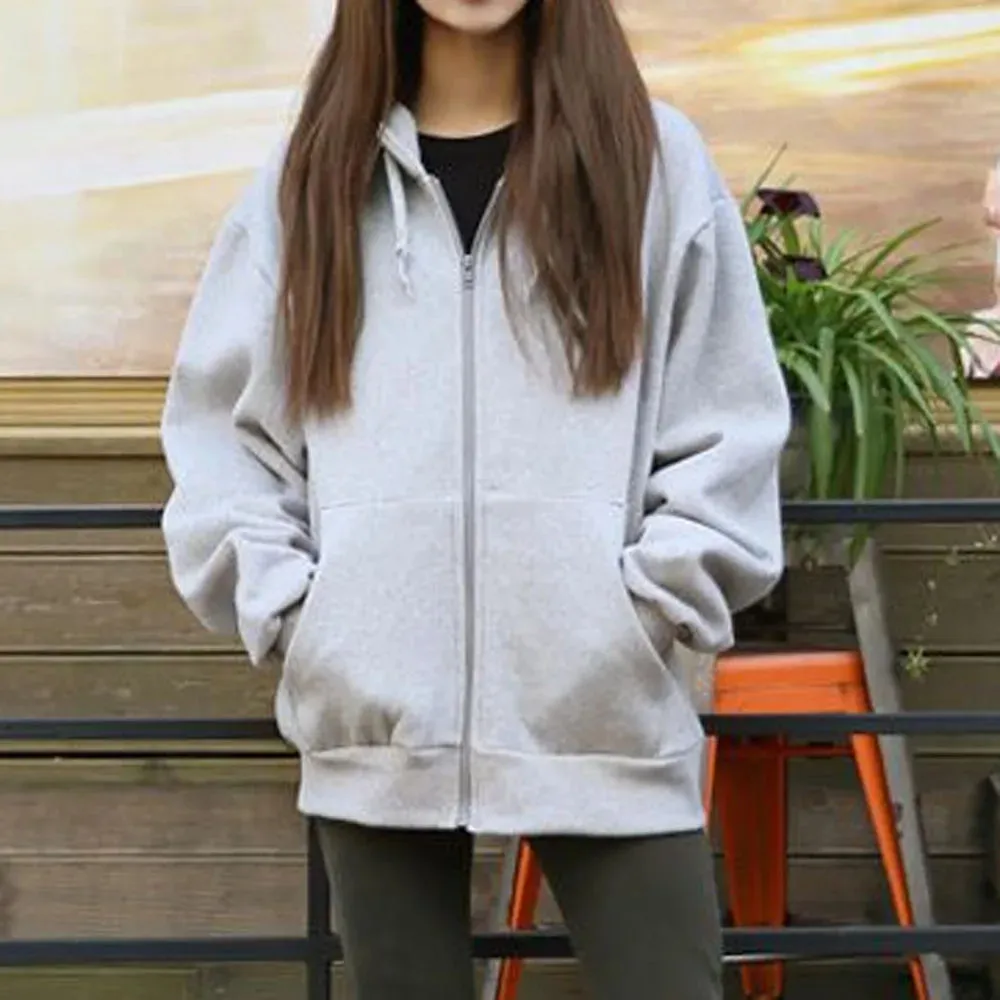 Autumn and Winter Women Hooded Fleece Long Sleeve Loose Casual Zip Pockets Solid Jacket Coat