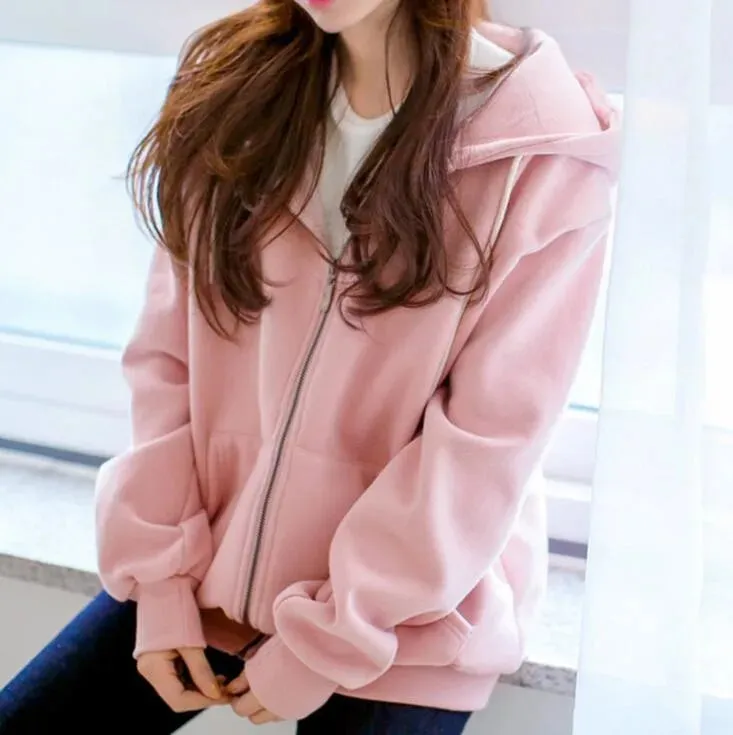 Autumn and Winter Women Hooded Fleece Long Sleeve Loose Casual Zip Pockets Solid Jacket Coat