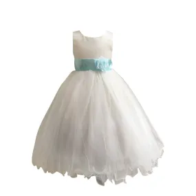 Baby Girls Ivory Aqua Sash Satin Tulle 3 Layer Flower Girl Dress 12-24M