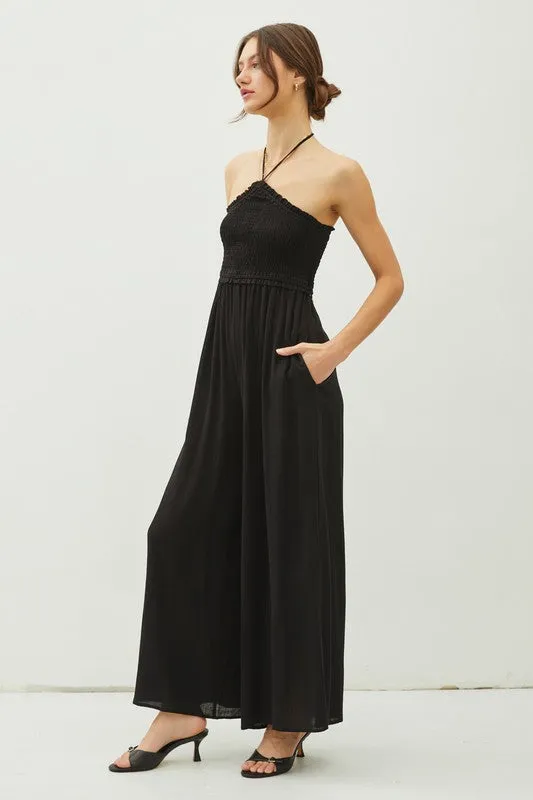 Back Cutout Smocked Halter Wide Leg Jumpsuit