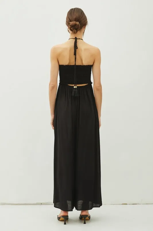Back Cutout Smocked Halter Wide Leg Jumpsuit
