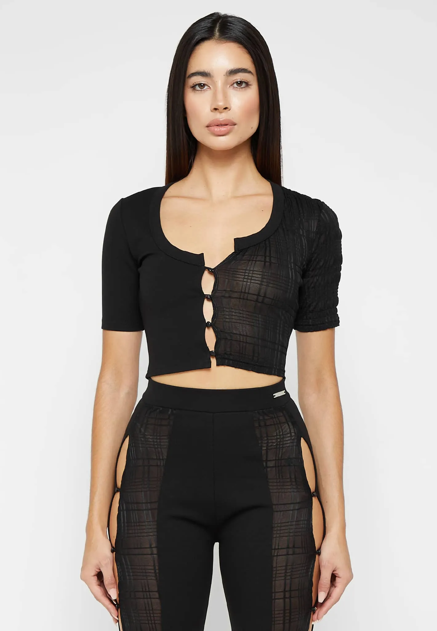 Bandage & Mesh Asymmetric Crop Top - Black