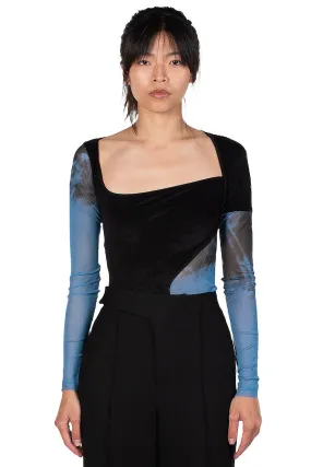 Blue Printed Mesh Velvet Panelled Bodysuit