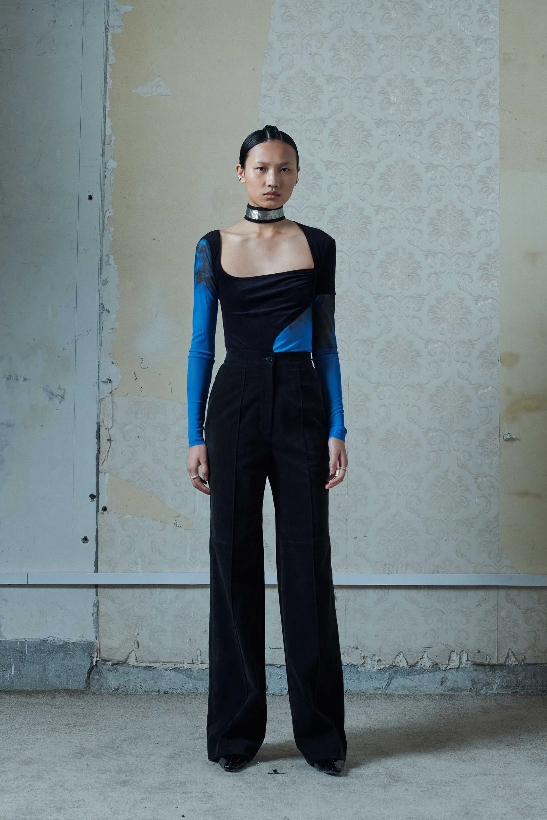 Blue Printed Mesh Velvet Panelled Bodysuit