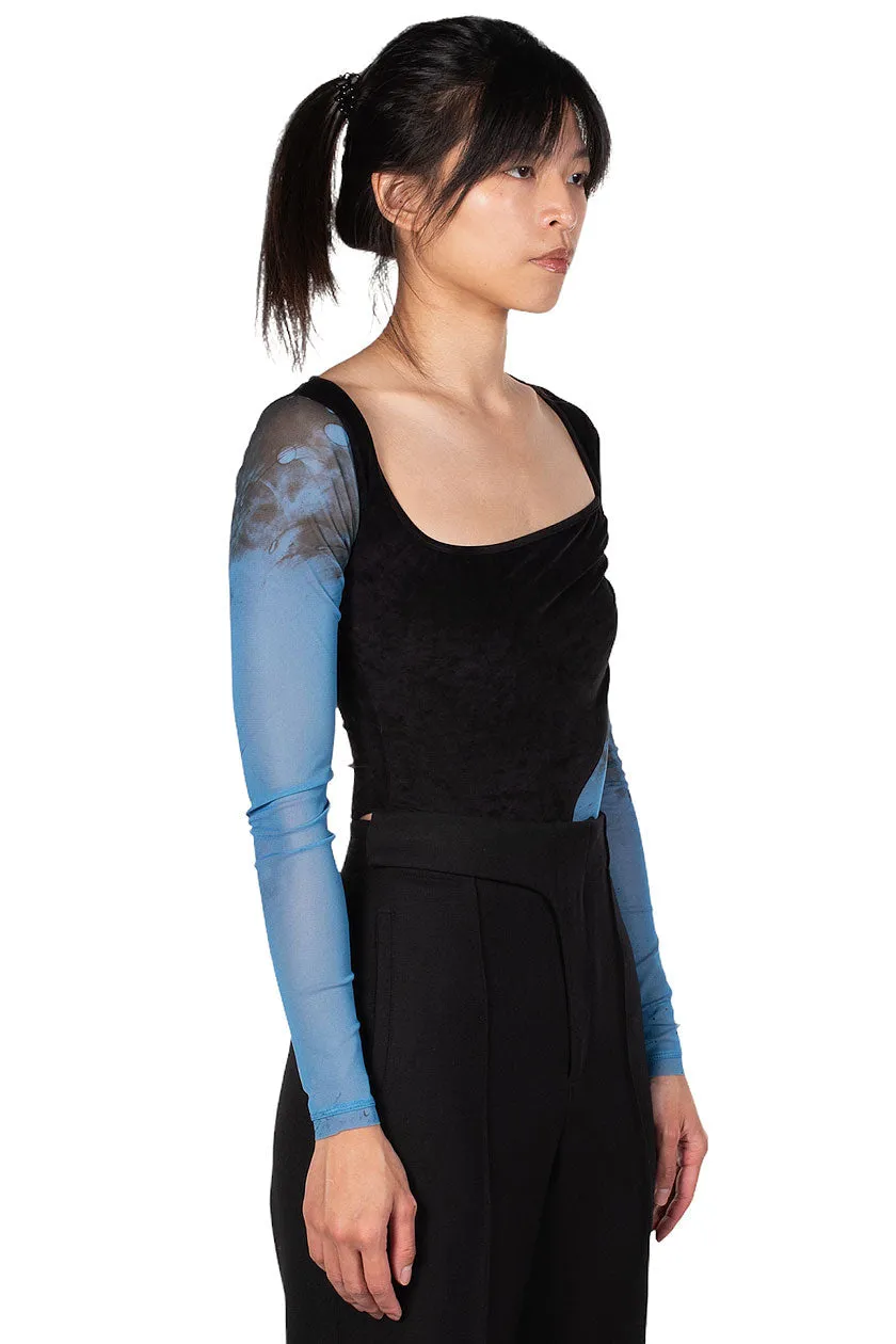 Blue Printed Mesh Velvet Panelled Bodysuit