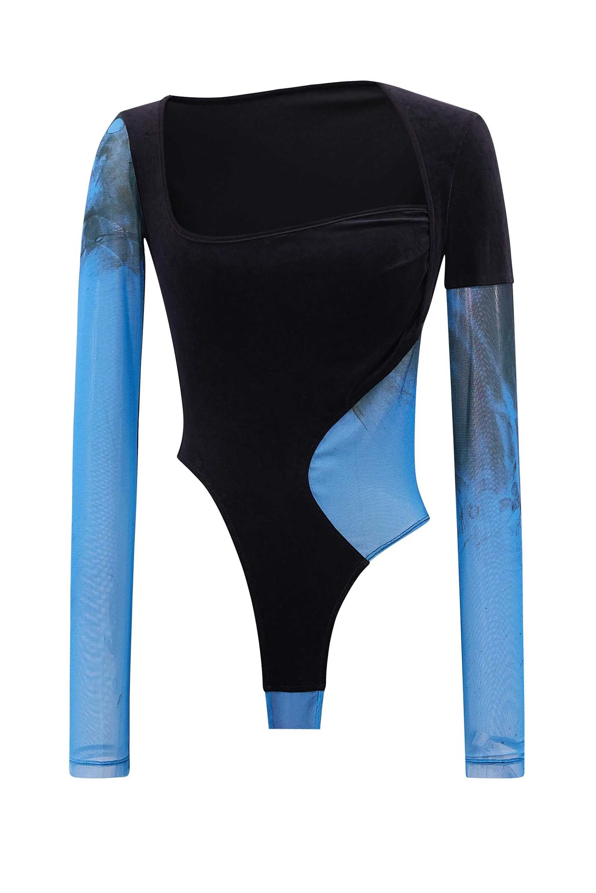 Blue Printed Mesh Velvet Panelled Bodysuit