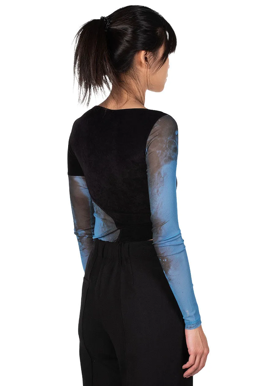 Blue Printed Mesh Velvet Panelled Bodysuit