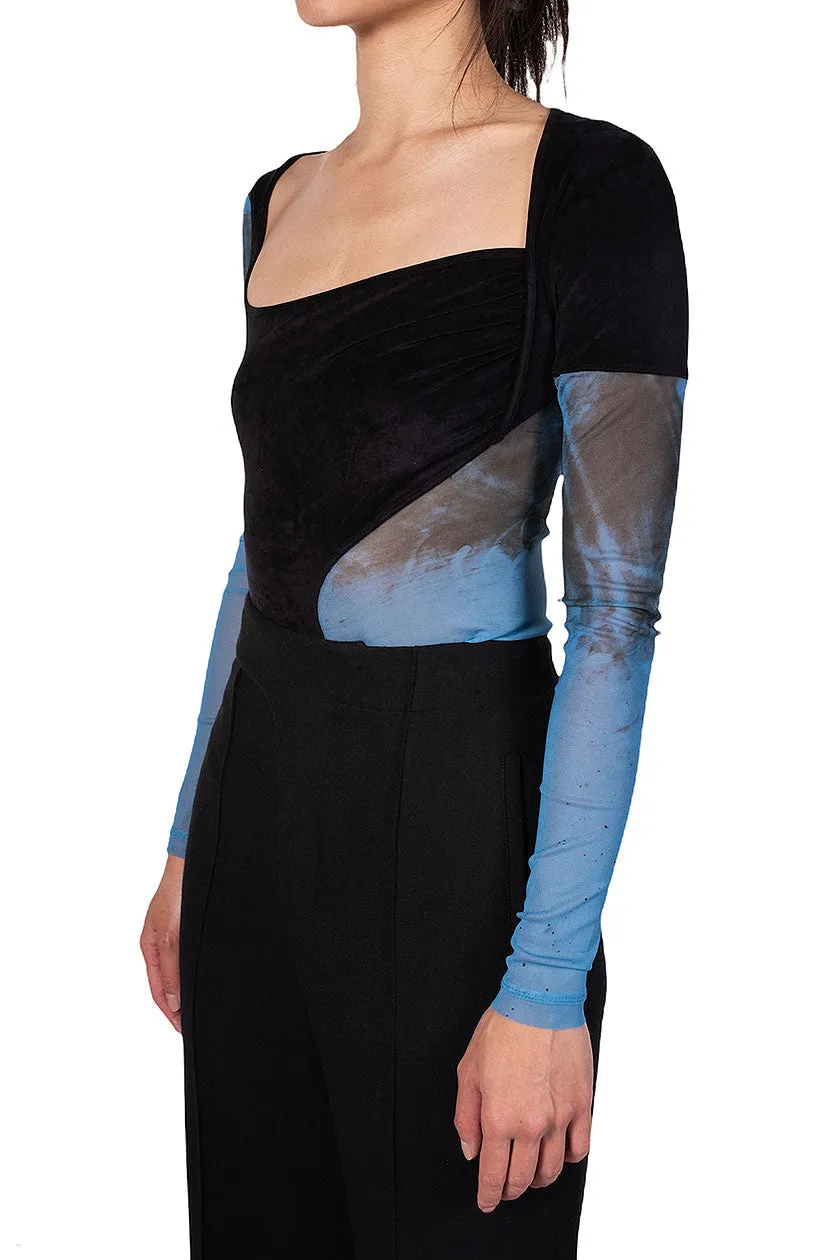 Blue Printed Mesh Velvet Panelled Bodysuit