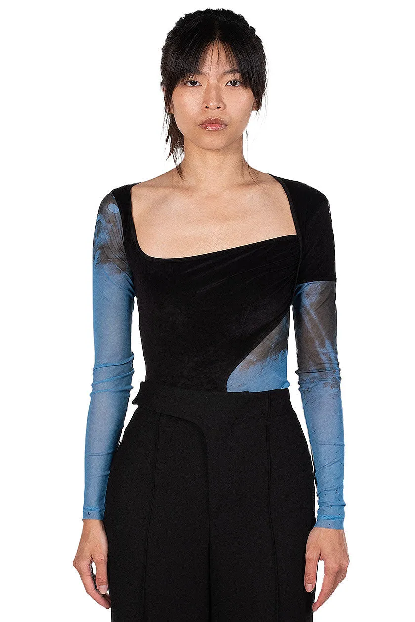 Blue Printed Mesh Velvet Panelled Bodysuit