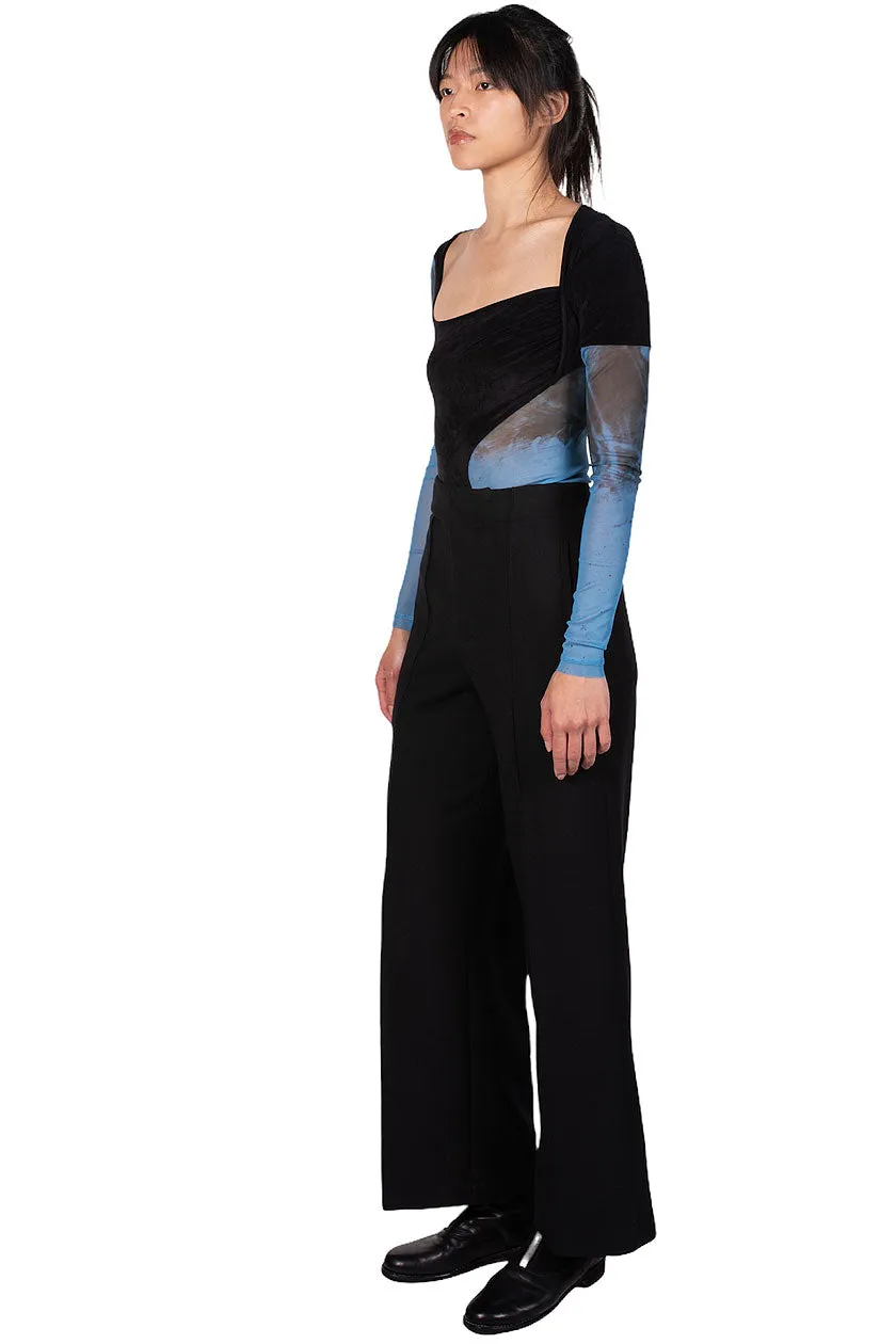 Blue Printed Mesh Velvet Panelled Bodysuit