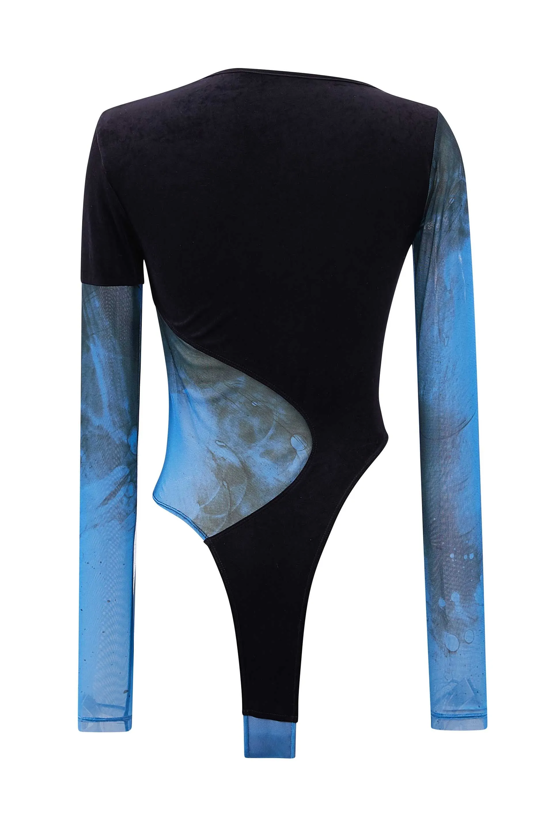 Blue Printed Mesh Velvet Panelled Bodysuit
