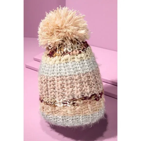Blush Cozy Knitted Striped Pompom Winter Knit Beanie Women's Hat Casual Gift